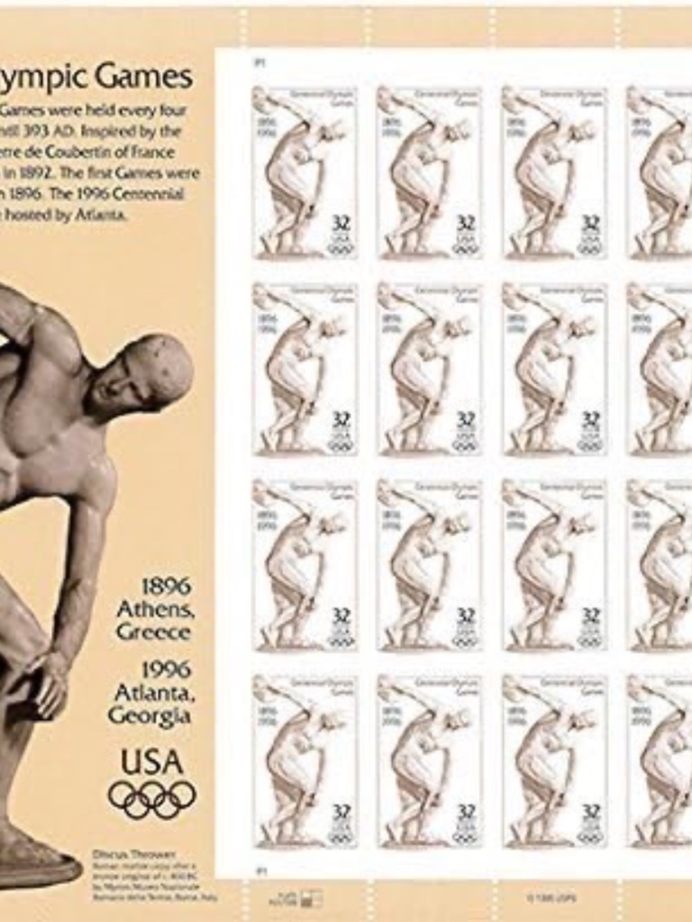 USPS Centennial Olympic Games Atlanta 1996 Sheet of Twenty 32 Cent Postage Stamp
